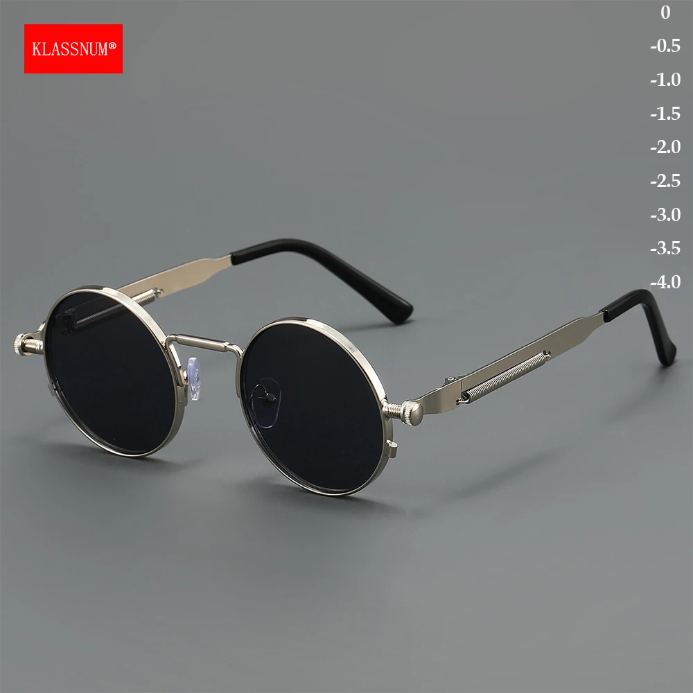 KLASSNUM Men Women Steampunk Round Minus Optical Sun Glasses Vintage Myopia Sunglasses Myopia Eyepiece 0-1.0-1.5-2.0-2.5-3.0-3.5