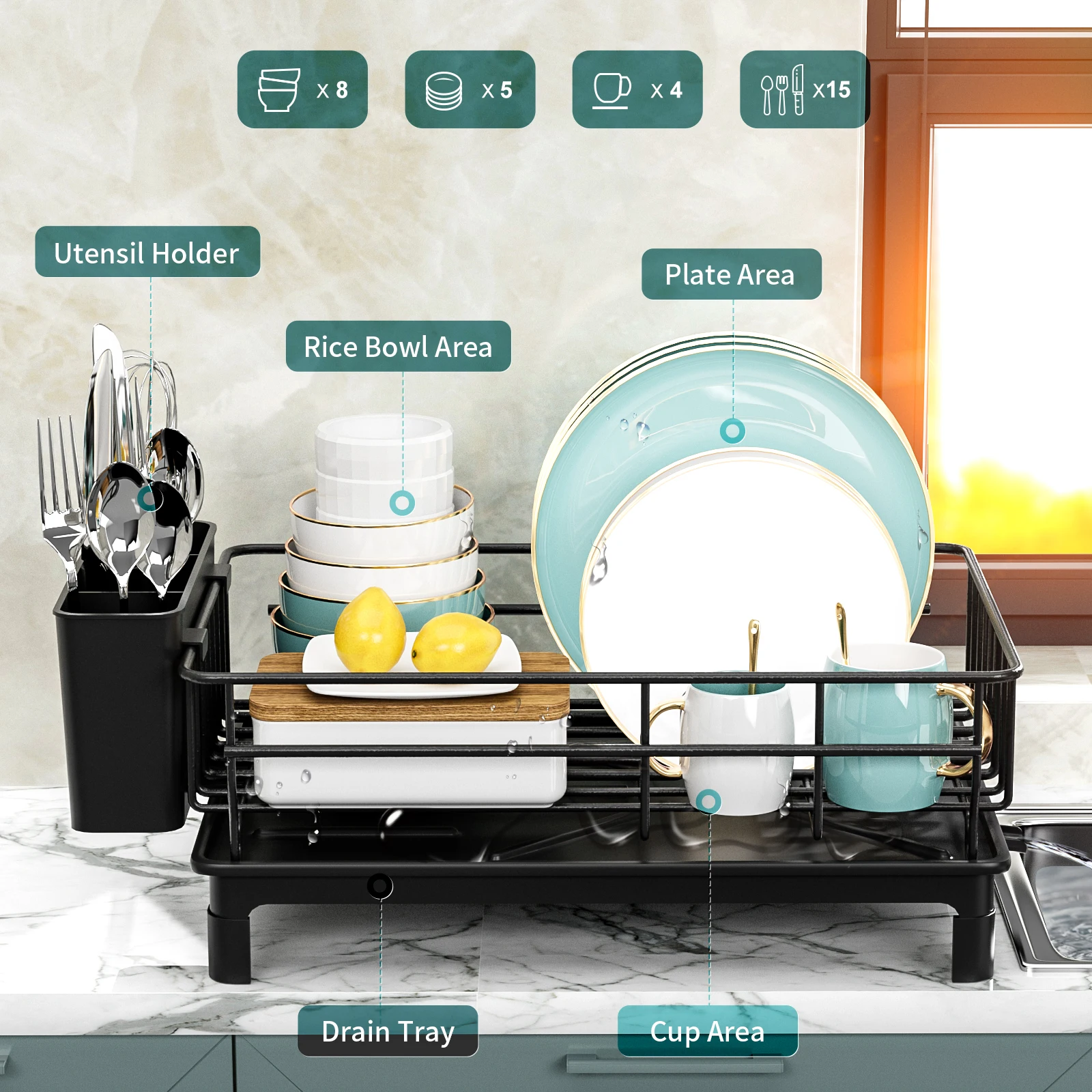 

1pc Dish drying rack Kitchen countertop tableware storage with Automatic drying Black White