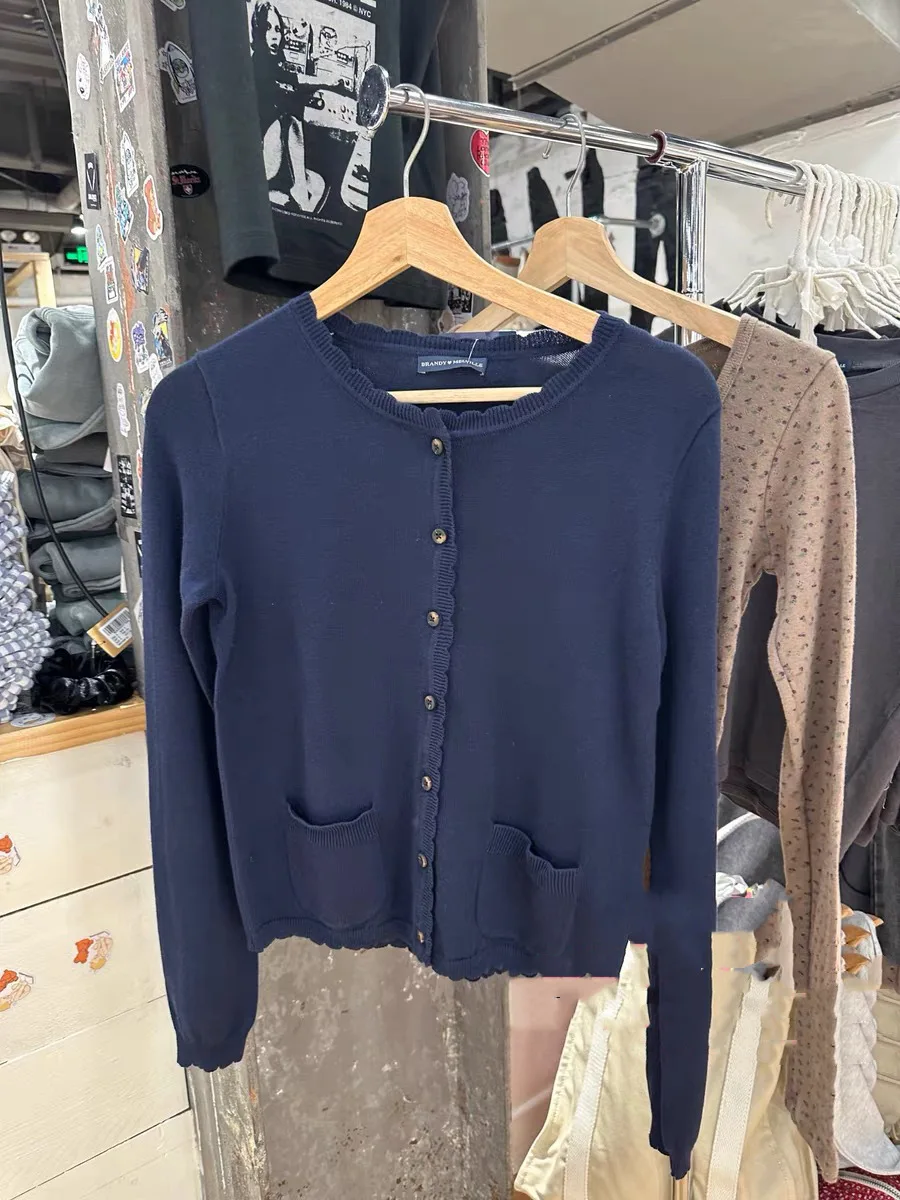 Suéter con ribete de encaje y bolsillo para mujer, cárdigan con cuello redondo, ropa de abrigo de punto fina con una hilera de botones, jersey de manga larga dulce de estilo Preppy