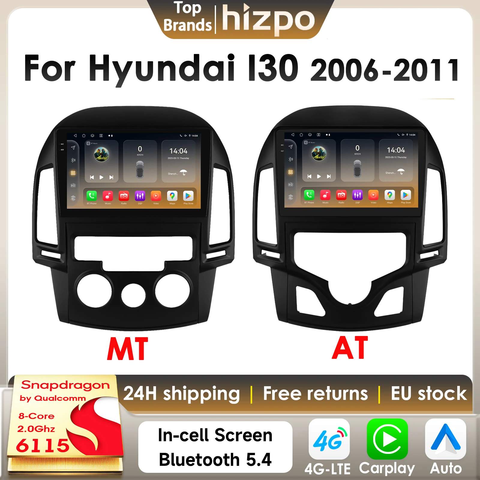 Hizpo 2Din Carplay Android Auto Radio Für Hyundai I30 i30 AT MT 2006-2011 Auto Multimedia Player Navi GPS 4G-LET BT DSP RDS 6115