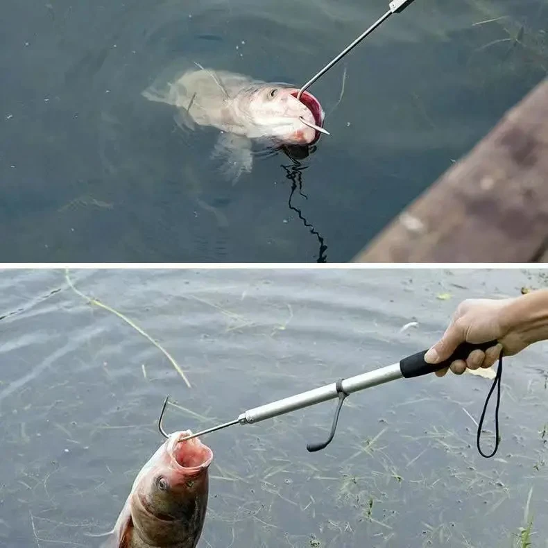 المحمولة تلسكوبي الأسماك Gaff هوك حوالي 28-60 سنتيمتر الفولاذ المقاوم للصدأ الجليد الصيد في الهواء الطلق الرمح هوك معالجة قابل للسحب هوك