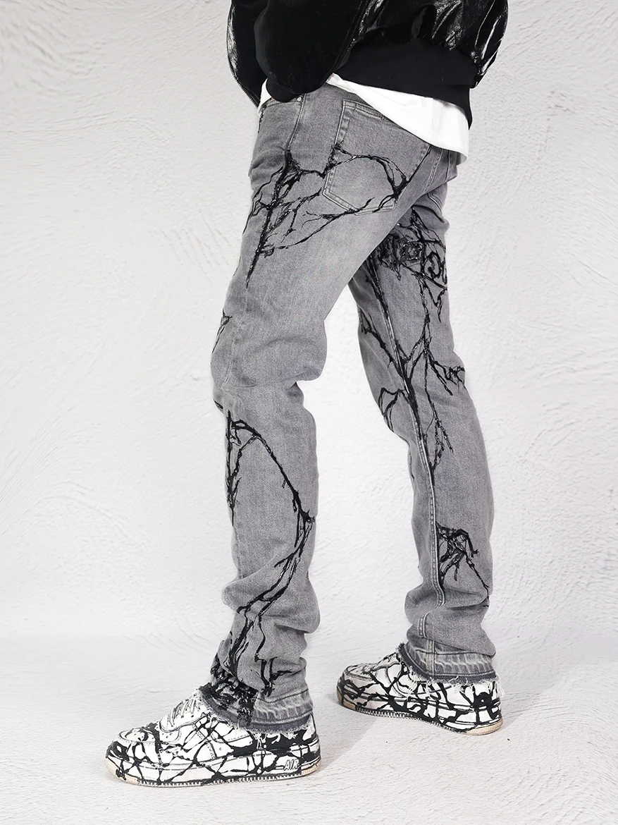 

Avant-Garde Style Pants Hand-painted Drip Glue Brush Wax Heavy Washing Stretch Jeans Men Autumn