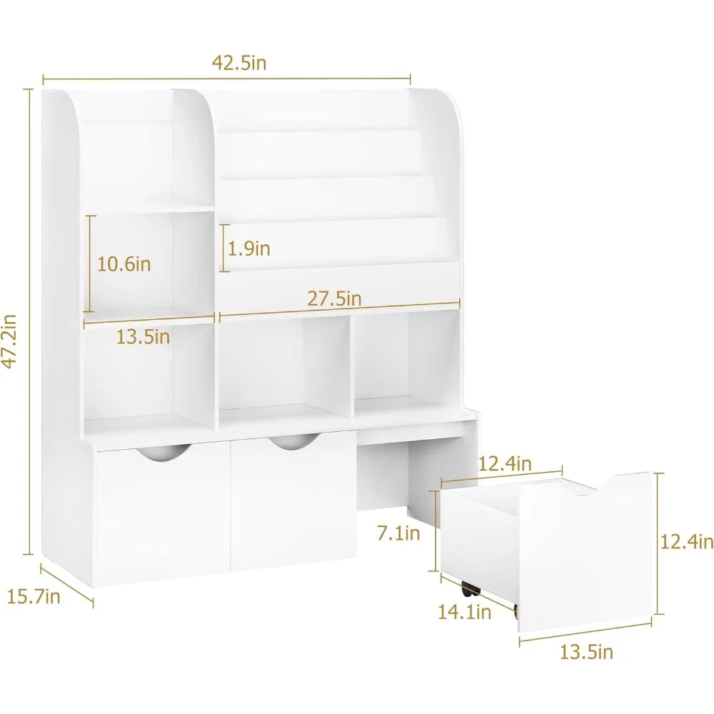 Estantería multifuncional para niños, estantería de 47 pulgadas con 5 cubos de almacenamiento y 3 cajones móviles