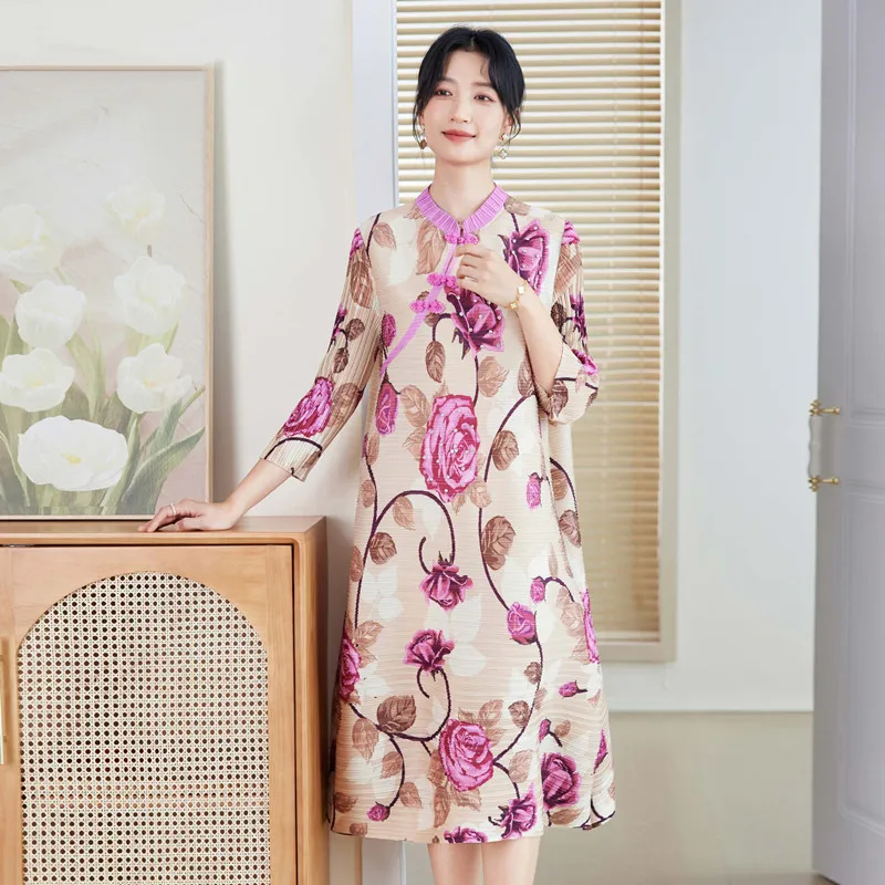 

Dresses 2024 Women Autumn New Fashion Beading Flower Printed Three Quarter Sleeves Loose Stretch Miyake Pleated Dress