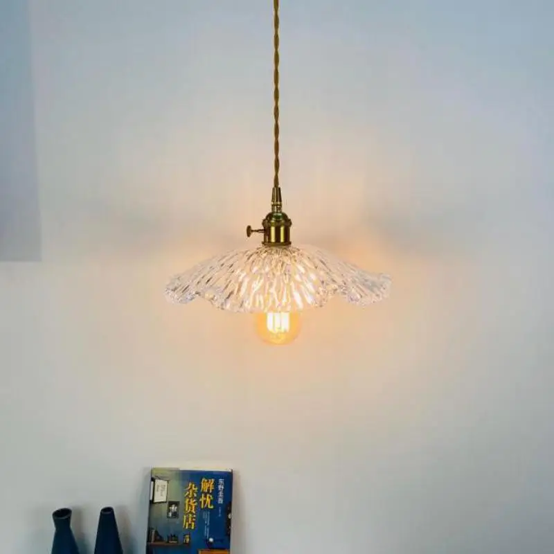 

Nordic Retro Brass Glass Pendant Lamp Bedroom Bedside Pendant Light Mirror Porch Balcony Bay Window Lotus Leaf Hanging Lamp