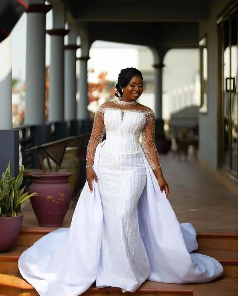 Luxe kralen lovertjes kanten trouwjurk sexy zeemeermin bruidsjurken afneembare trein vestidos novias boda