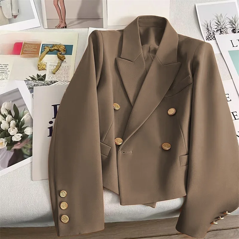 

Карамельный укороченный приталенный жакет в корейском стиле для женщин, осенняя новинка, уличный стиль, маленькие размеры, из полиэстера