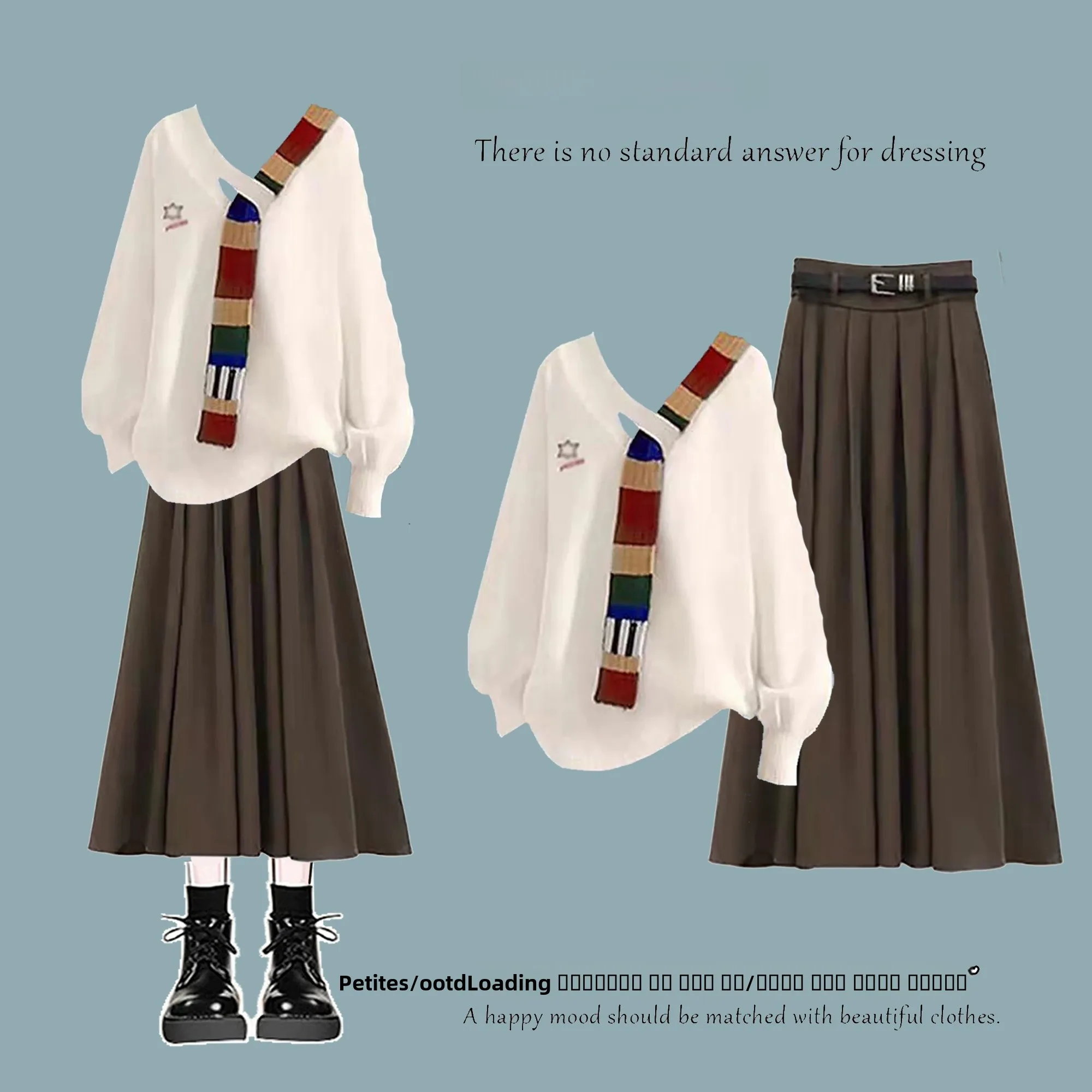 

Korean Sle Casual White Knitted Sweater Set Women Winter Slimming Coffee Color f Skirt High Waist Two Piece Set