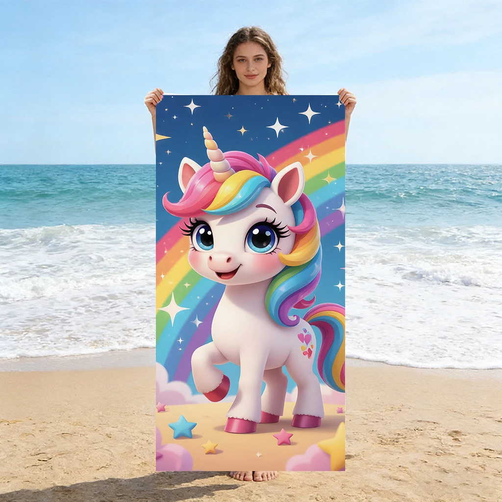 1 Stück Niedliches Regenbogen-Einhorn Strandtuch Rosa Schleifendesign Super Saugfähig Geeignet für Strandurlaub Pool Sommer Geschenk für Freunde