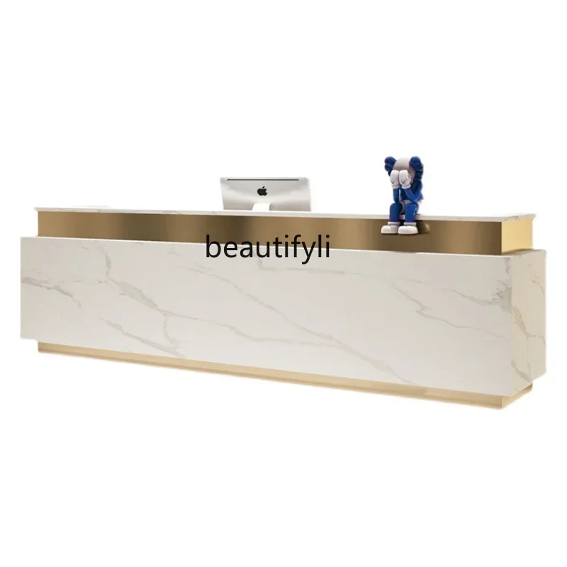 

Company Reception Desk Stainless Steel Paint Beauty Salon Imitation Marble Bar Training Institution Cashier Counter