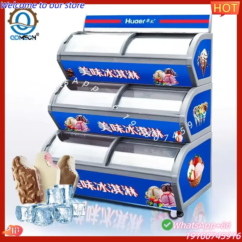 2026Hot QDMECH Commercial Popsicle Display Freezer 3 Layers Curved Glass Ice Cream Refrigerator Cabinet