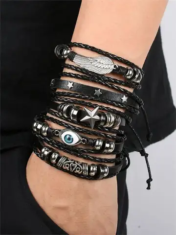 5pcs Evil Eye Wing Star Diy Braided Punk Style Bracelet Set, Featuring Pu Leather And Beads