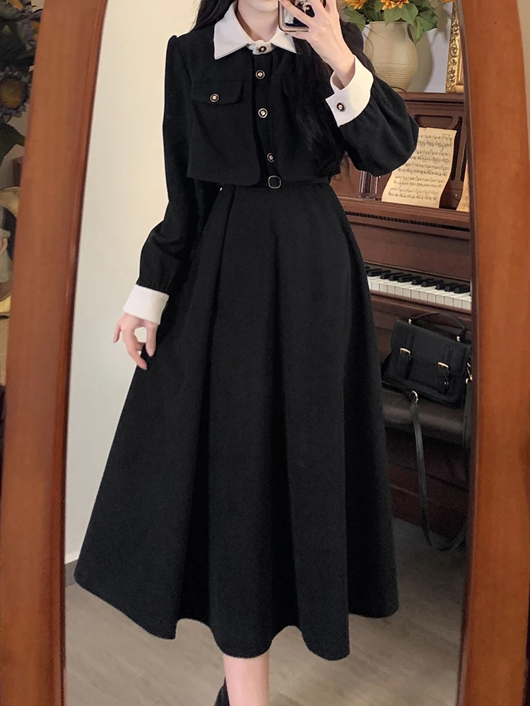 2023 Fall And Winter French Temperament Hepburn Style Fake Two-Piece DressFemale Retro Senior Sense Of Waist Thin Mid-Length