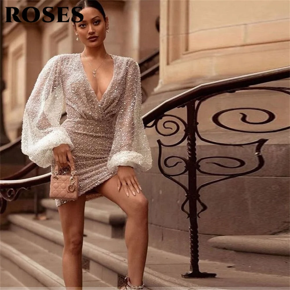 

ROSES Glitter Silver Prom Dress Shiny V-Neck Prom Gown Sequins Short Front and Back Short Formal Dresses for Woman Customized