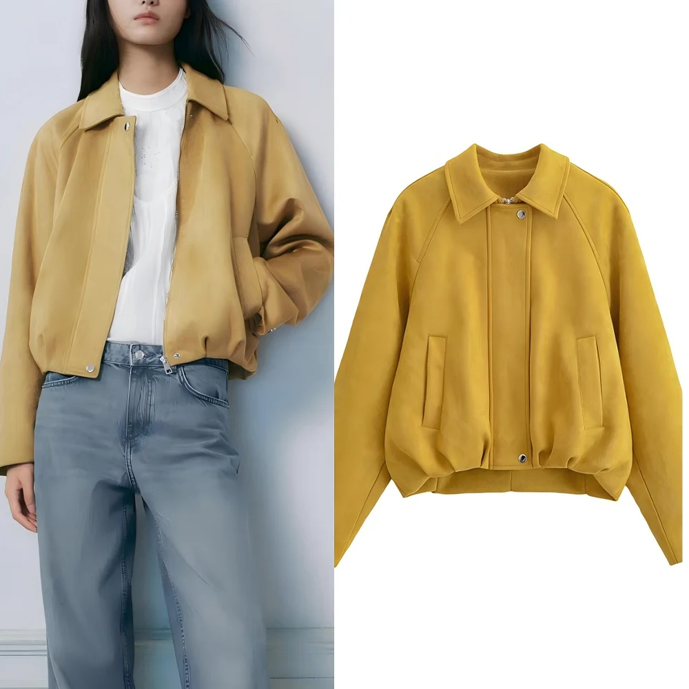 

Women's new fashion pleated design casual long sleeved suede leather jacket Coat retro lapel zipper women's Coat chic top