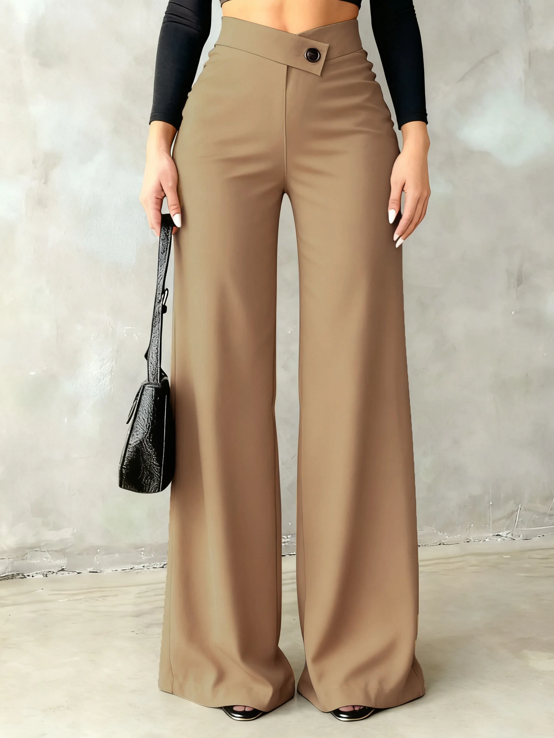 여성용 블랙 캐주얼 엘레강스 스트레이트 팬츠, 백투스쿨, 비대칭 V라인 허리라인이 곡선을 강조해줍니다