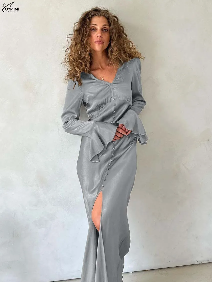 

Oymimi Elegant Grey Slim Dresses 2025 Woman Fashion V-Neck Petal Sleeve Single Breasted Dress Autumn Straight Slit Dress Female