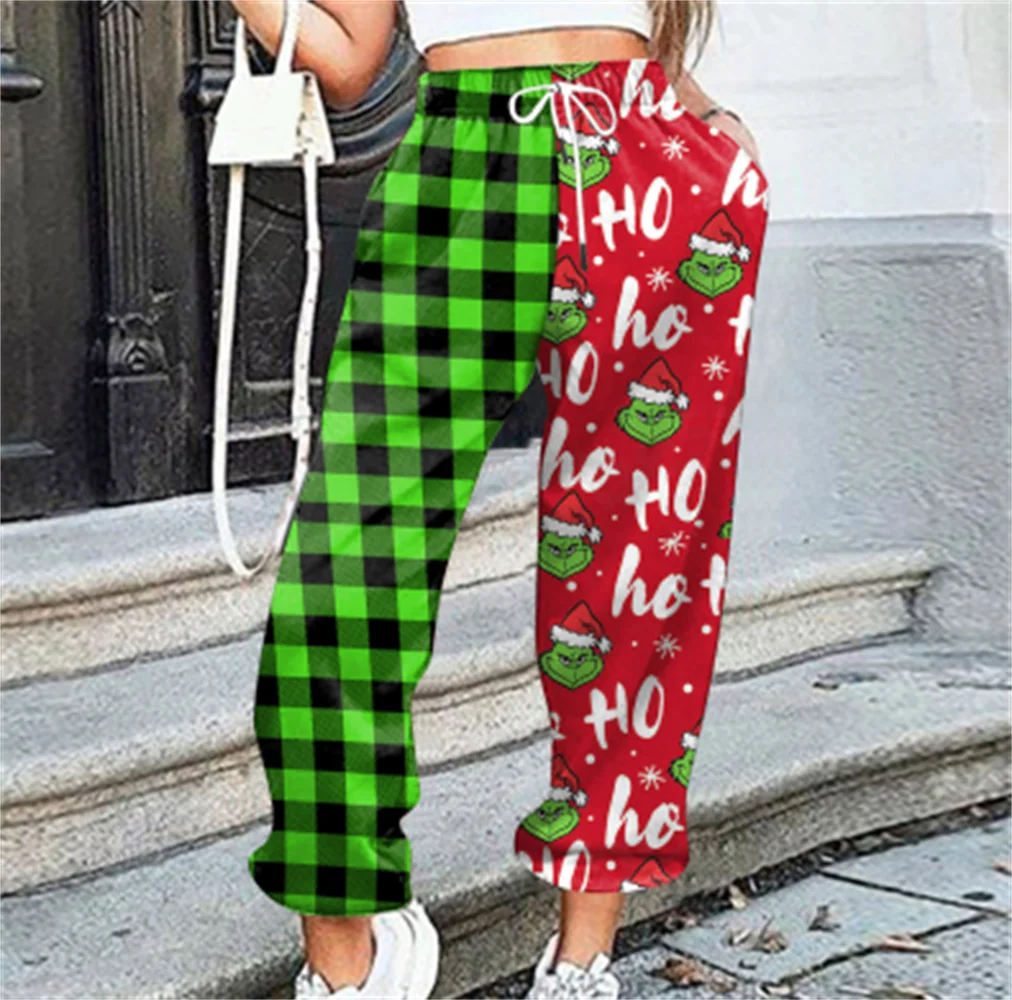 

Ladies High-Waist Grinch Christmas Print Sweatpants with Pockets Comfortable Christmas-themed Women's Clothing