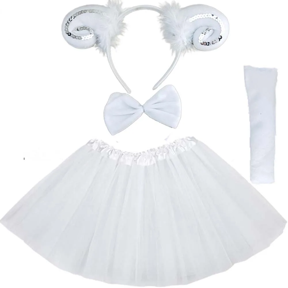 여자 아이 화이트 핑크 염소 양 머리띠 꼬리 타이 스커트, 투투 동물 파티, 생일 할로윈 코스튬 코스프레