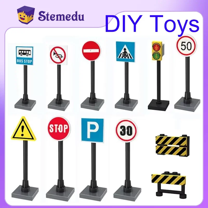 City Street Scenes Traffic Road Signs Roadblock Signal Light Speed limit Humanoid road Parking Lot Sign Building Blocks Kid Toys