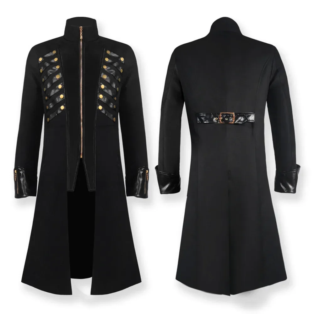 

Men Black Long Jacket Medieval Vintage Steampunk Costume Trench Coat Pirate Halloween Carnival Party Cosplay Overcoat Uniform