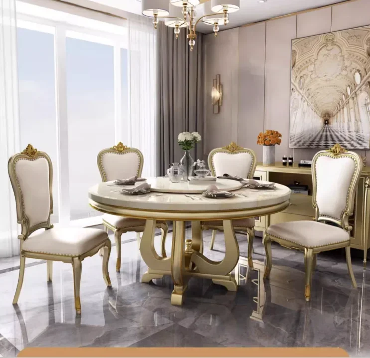 American light luxury solid wood table European marble round table luxury villa dining table and chair combination