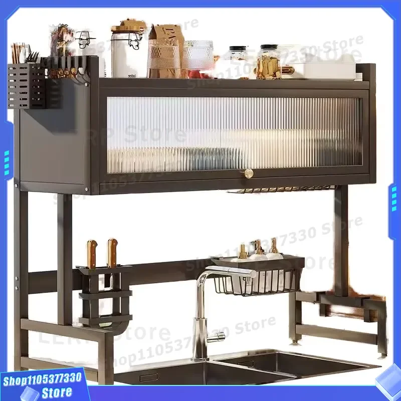 Metal Kitchen Storage Rack with Cutting Board and Chopstick Holder Drawer Organizer Drainage Shelf for Utensils Dish Drying