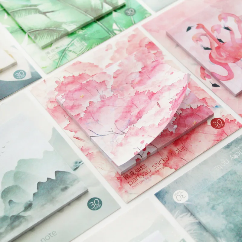 Kawaii Flamingo Sticky Notes Landscape Painting Memo Pad Marble Paper Sticker Notepad Office School Supplies Korean Stationery