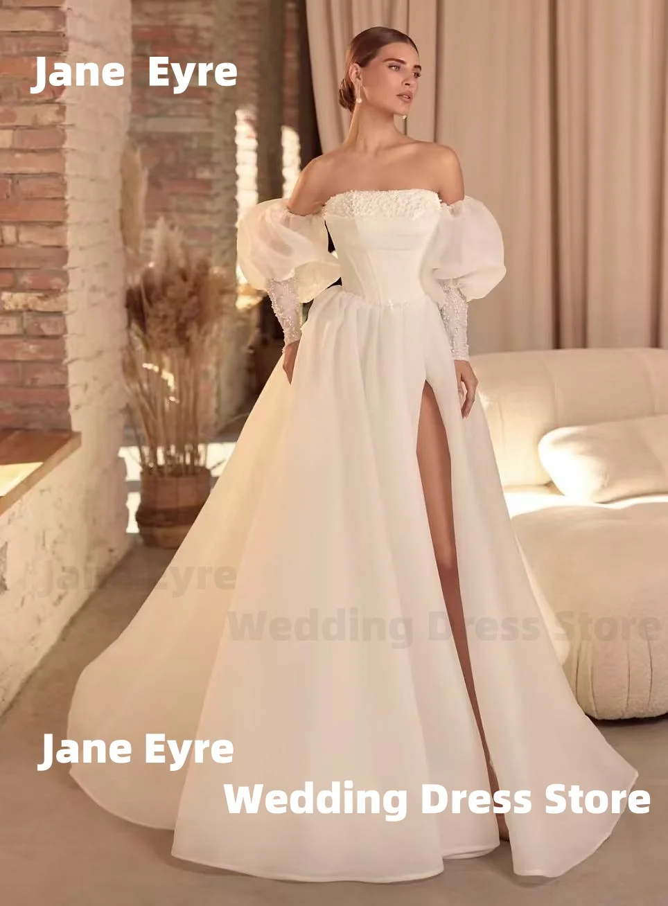

Jane Eyre Customized Detachable Long Sleeves Beaded Strapless A Line Wedding Dresses Side Slit Corst Bridal Vestido de Novia