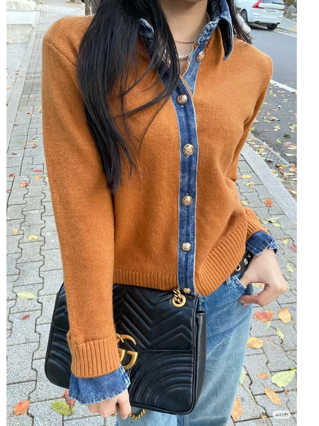 

Korean Sle Slimming Denim Patchwork Open Cardigan Women's High End Lazy Sle Single Button Knitted Jaet