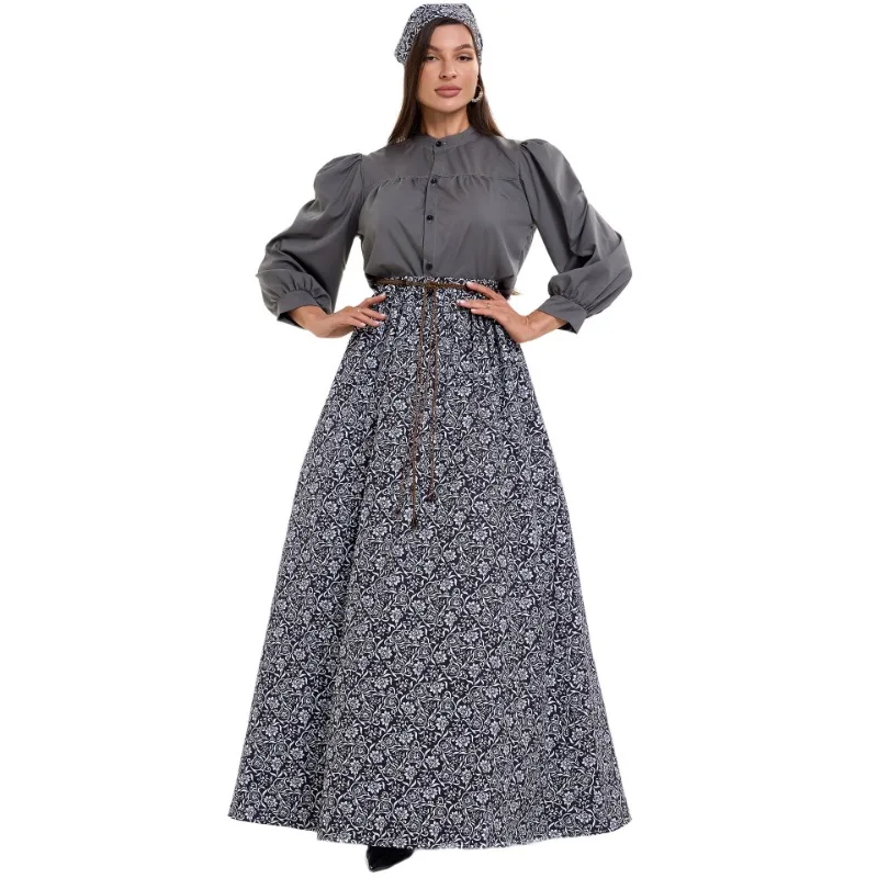 Conjunto de disfraz de granjera vintage para mujer: blusa de manga larga con cuello alto y mangas abullonadas, falda maxi estampada de cintura alta, ideal para carnaval, cosplay y juegos de rol.