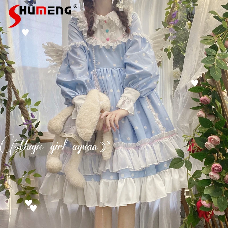 

Vestidos Милое платье Лолиты с длинными рукавами Op Весна Осень Мягкое платье в горошек с высокой талией для девочек Вечернее платье принцессы