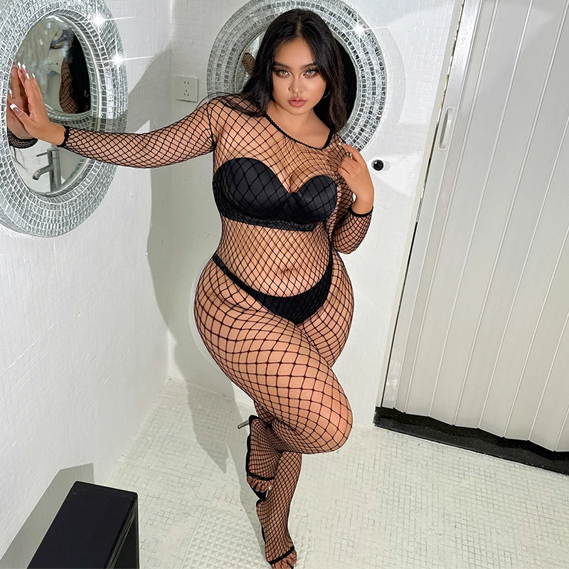 Plus Size Women Vulgar Crotchless Full Body Stockings Transparent Black Long Sleeve Curve Underwear Kinky Bodysuits For 18 Girl