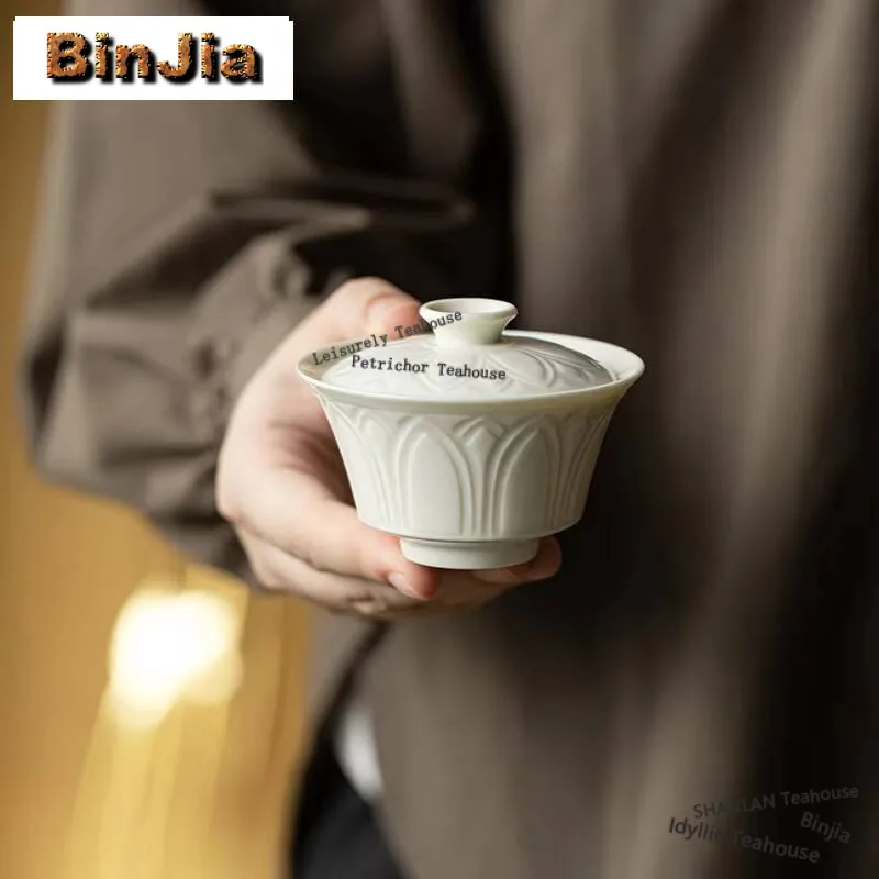 120ml Lotus Petal Cover Bowl Zen Ding Kiln White Tea Tureen Boutique Anti-scald Gaiwan Tea Brewing Kettle Tea Services Crafts