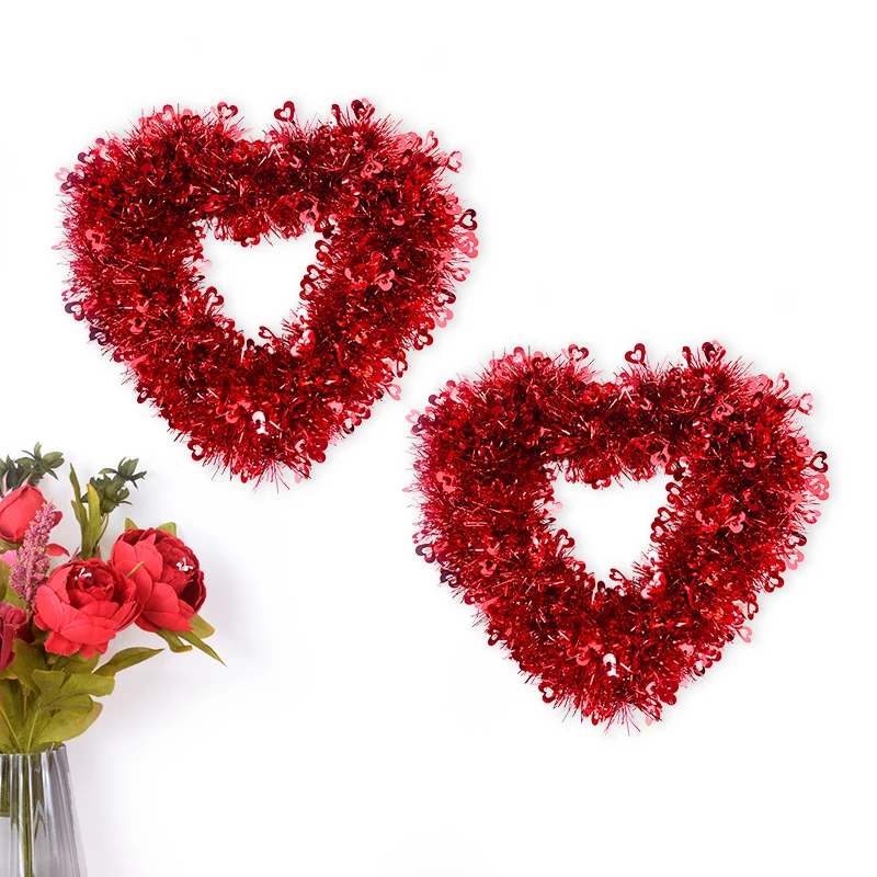 

30cm Red Love Heart Wreath Tinsel Heart Shaped Wreaths Wedding Party Hanging Ornaments Home Christmas Valentine's Day Decor