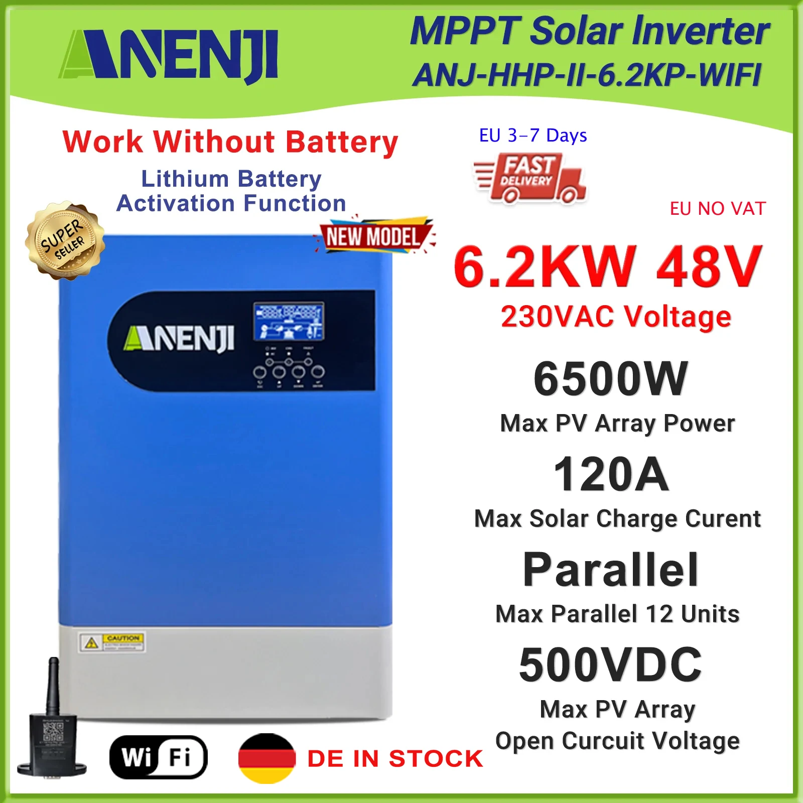 6.2KW 48V Hybrid Solar Inverter 230V Pure Sine Wave Parallel Solar Inverter Off Grid  PV 60 -500VDC 120A  MPPT Solar Charger BMS