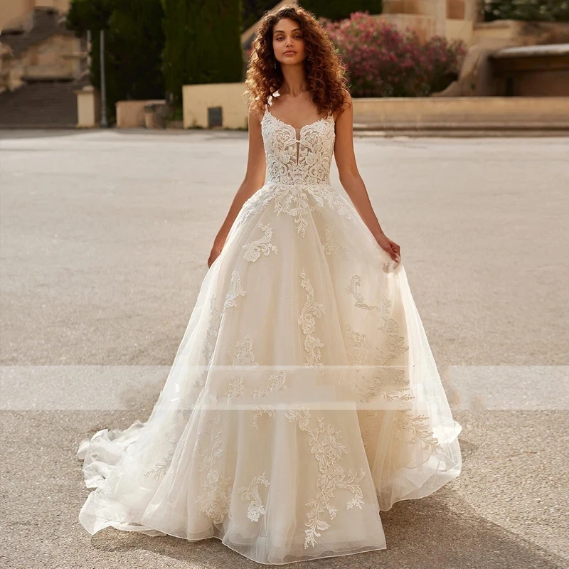 Precioso vestido De Novia sin mangas, cuello redondo, Apliques De encaje, línea A, Formal, 2024, 2023