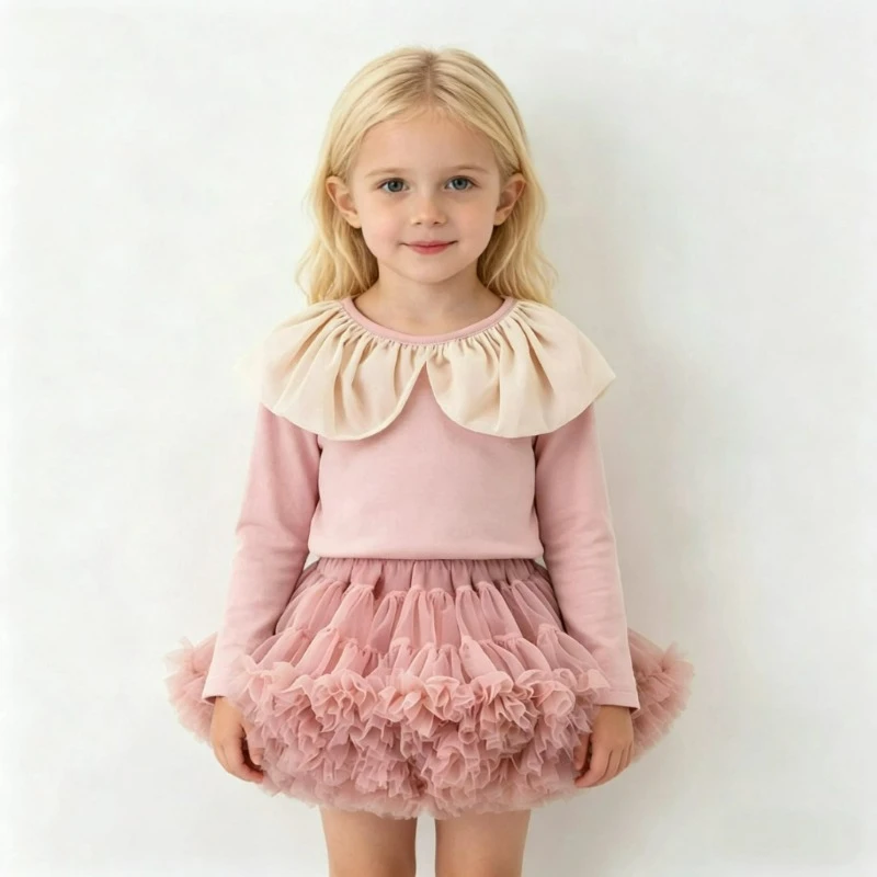 New Children Girls Ruffle collar Long-sleeved T-shirt + Tutu Skirt Summer Ruffled Fluffy Tulle Skirt 2Pcs Clothing Sets W-S1038