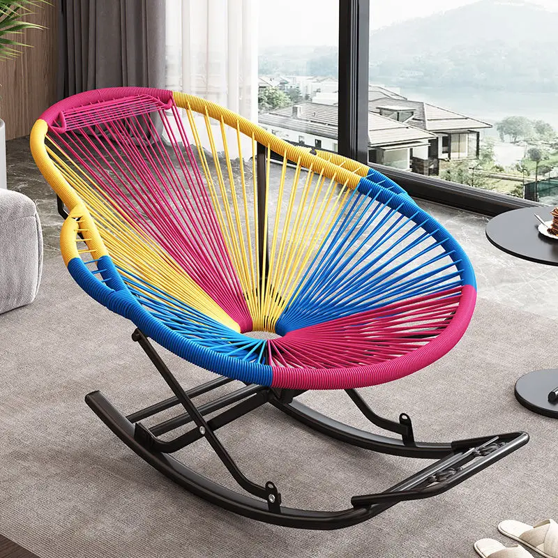 

Home Rainbow Rattan Chair Rocking Chair Rattan Leisure Nap Lounge Chair Lazy Adult Color Balcony Living Room Free
