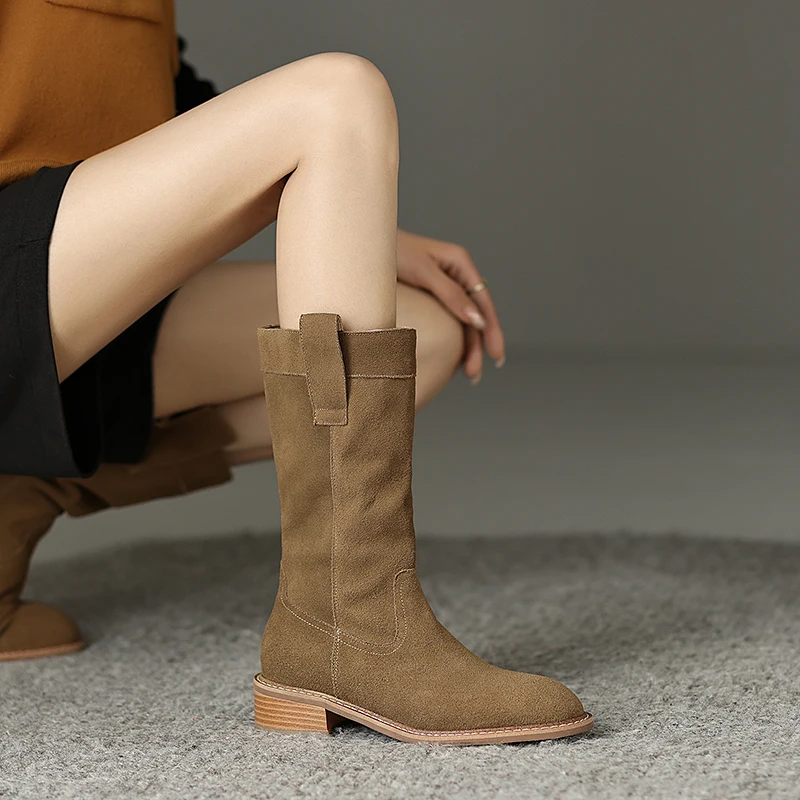 

2023 Autumn and winter Women mid-calf boots natural leather 22-25cm cow suede +pigskin modern boots full leather Western Boots