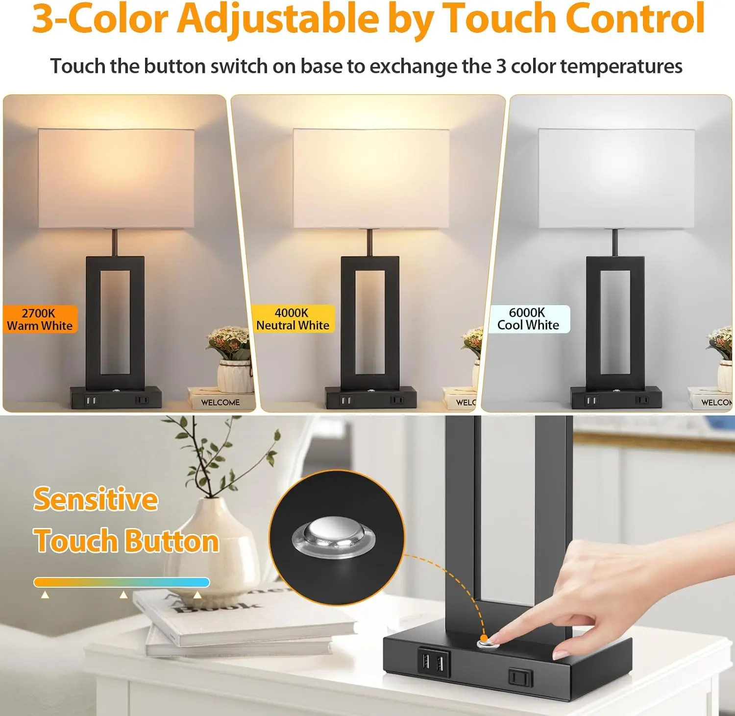 Set of 2 Table Lamps for Bedrooms with Touch Control, 3 Color Temperatures, Stepless Dimming, 2 USB Ports & AC Outlet, White