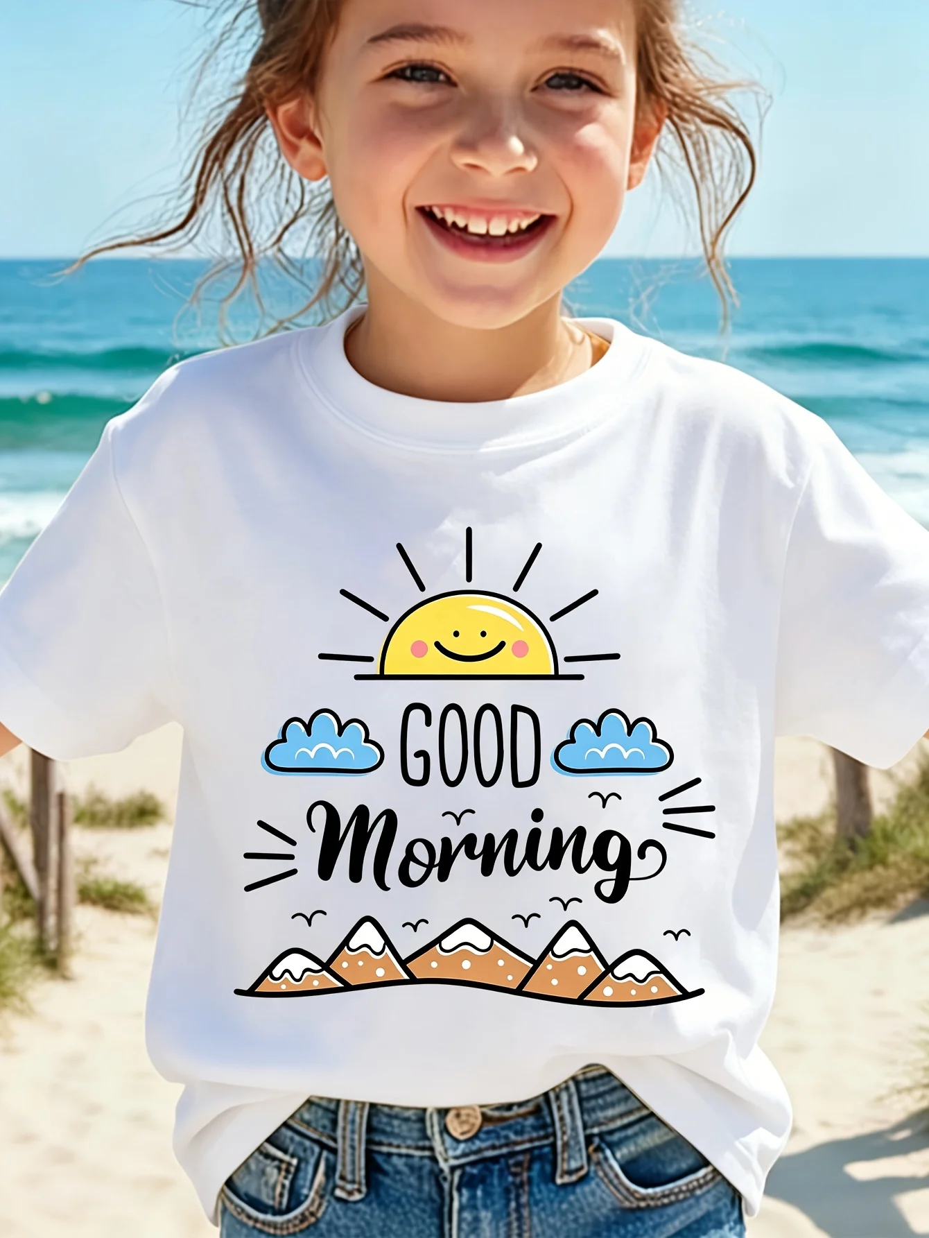 Cute Good Morning Sun Cloud Mountain Bird Graphic Family Matching T Shirt Boys Girls Short Sleeve Tees Parent Kid Summer Tops