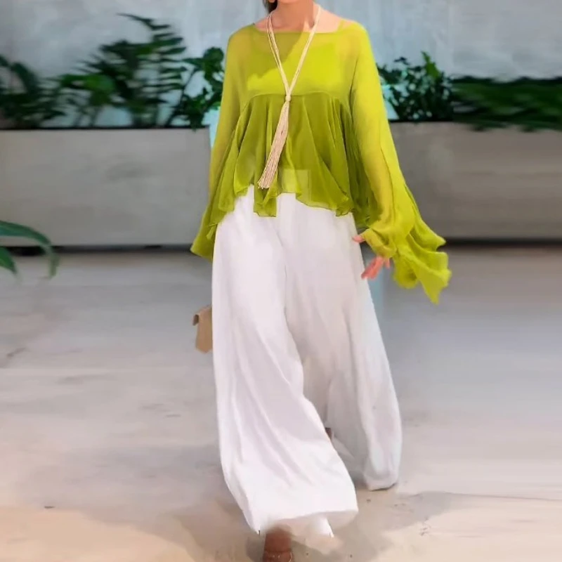 موضة بسيطة الصلبة 2 قطعة مجموعة المرأة أنيقة س الرقبة طويلة الأكمام كشكش بلوزة قمصان و بنطال ذو قصة أرجل واسعة الدعاوى خريف 2025