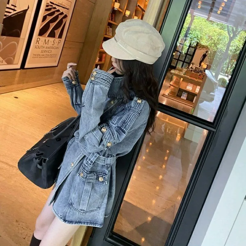 Women Features Cinched Waist Slimming Mid-length Workwear Trench Coat Retro Denim Jacket Trendy Design Versatile Spring Autumn