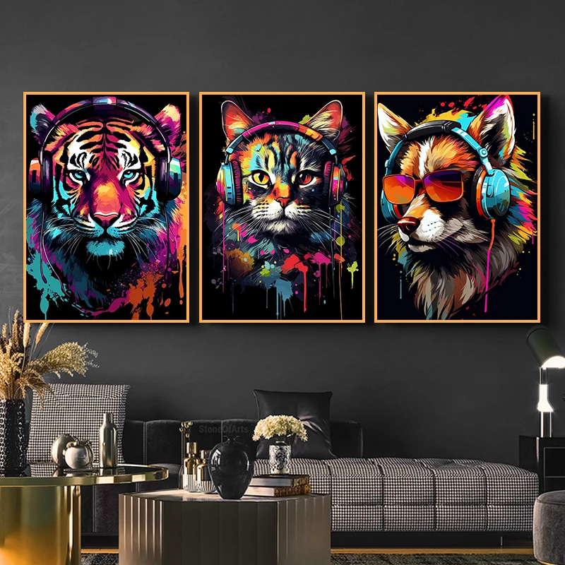 Animal Poster Set Gaming Prints Gamer Home Decor Animal Earphone Canvas Painting Graffiti Wall Art Teen Room Decor Gaming Decor