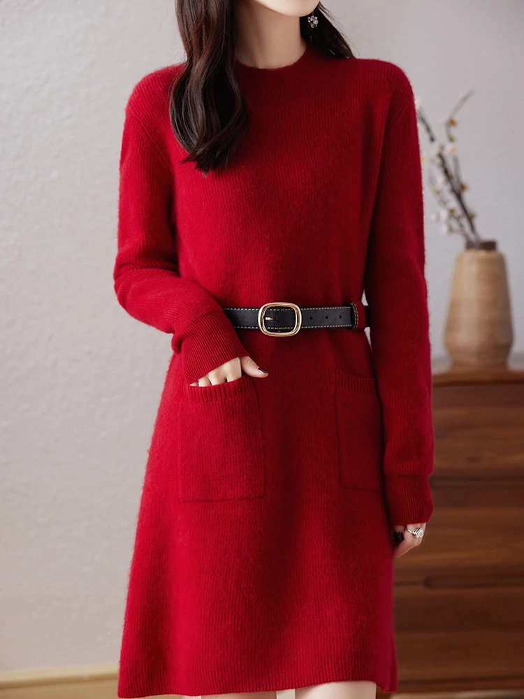 100% Pure Wool Cashmere Dress Women\'s Half High Collar Pullover Fashion Knitted Long Top 2023 Autumn/Winter Warm Skirt Korean