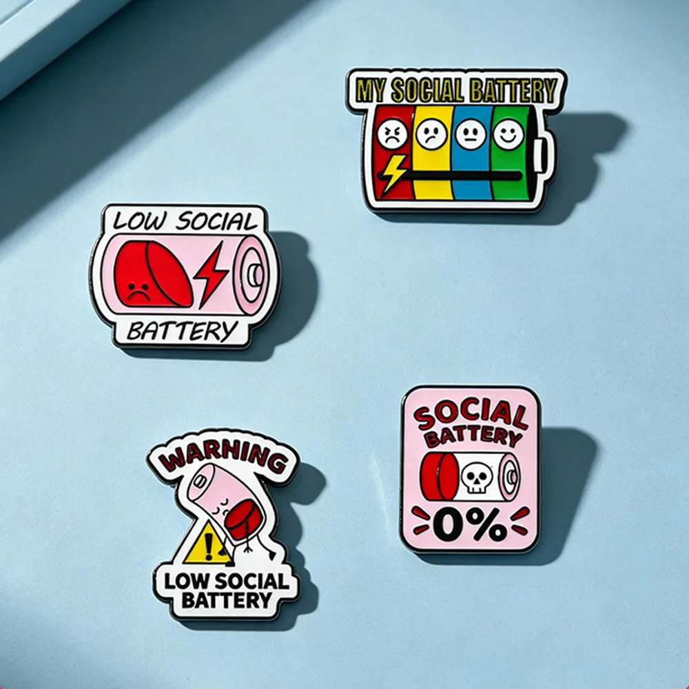 4Pcs Funny Introvert Social Battery Enamel Brooch Pins Low Energy Humor Lapel Badge Jewelry For Bags Clothing Friend Gift