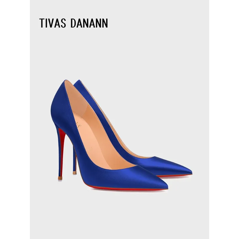 

2026 new style blue high-heeled shoes, satin surface, sexy and elegant, pointed toe, thin heel, 12cm, large size, single shoes