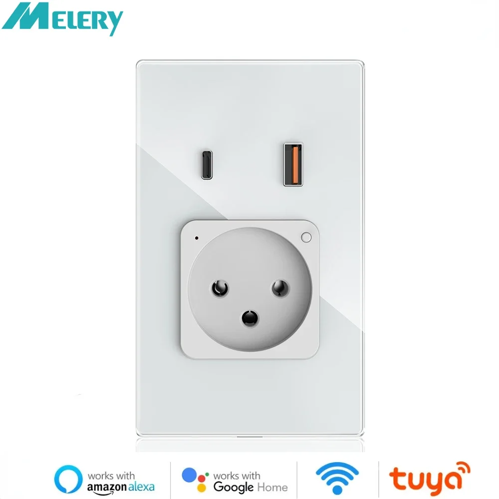 Melery Wifi Smart Israel Wall Socket USB Plug Outlet Type-C PD 20W Fast Charge Glass Panel Remote Control by Alexa Google Home