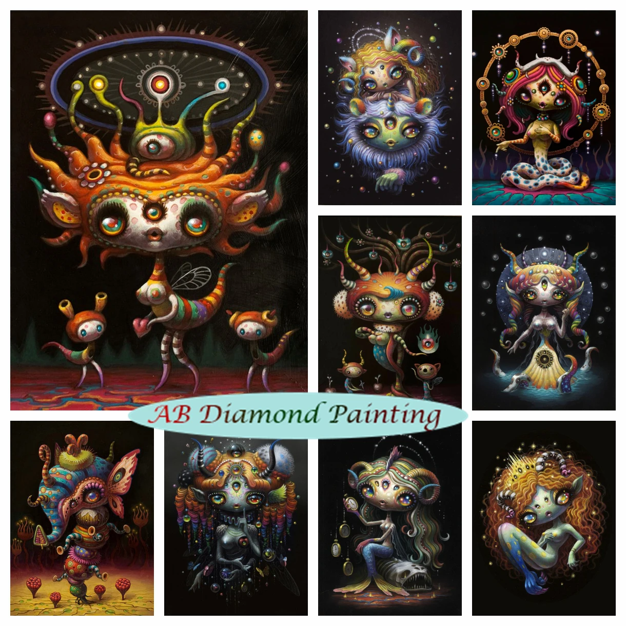 Psychedelic Art Diy AB Drills Diamond Art Painting Fantasy Cartoon Girl Cross Stitch Kits Mosaic Embroidery Wall Decor Kids Gift